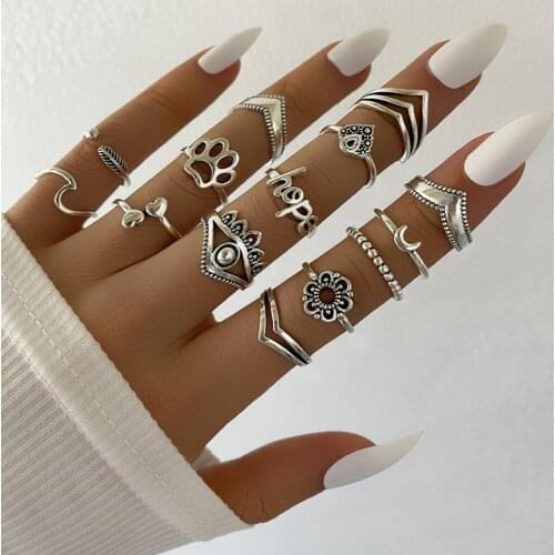DIEZI Vintage Silver Color Letters Flower Knuckle Joint Rings Set For Women Fashion 2021 New Crown Moon Finger Rings Jewelry