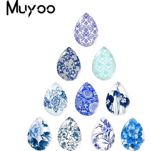 2020 New Traditional Blue and White Porcelain Pattern Tear Drop Glass Cabochon Handmade Photo Jewelry DIY Accessories