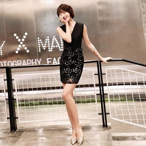 Special Occasion Dresses Vintage V-Neck Sleeveless Luxury Black A-Line Knee-Length Satin Elegant Sequined Women Prom Gown E980