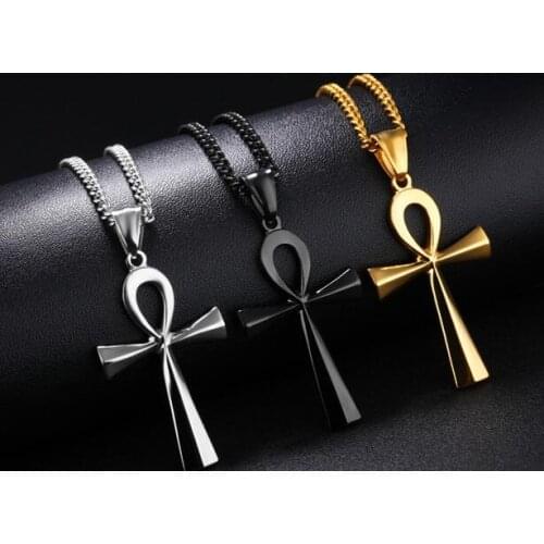 Stainless Steel Anka cross Pendant Hip-Hop Jewelry Men women Boys Necklace Chain gold/black 4mm 24