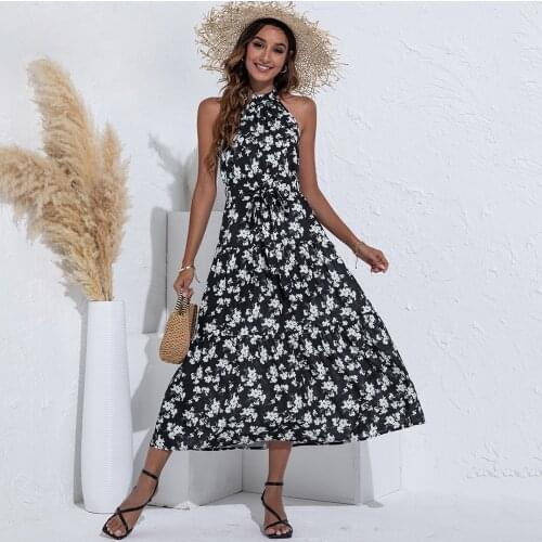 Sexy Women Dress Halter Dresses Wrap Boho Club Print Long Dress High Waist Party Bridesmaids Robe Plus Size Femme Clothes