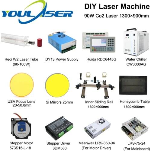 DIY Co2 Laser Cutting Machine 90W 1390 with RECI W2 Laser Tube Ruida Laser controller RDC6445G S&A Industrial Chiller All Parts