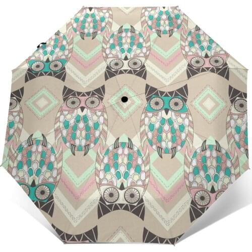 Wind Resistant Fully-Automatic Umbrella Cute Owl Pattern With Native Elements Rain 3 Folding Parasol Travel Car Umbrella