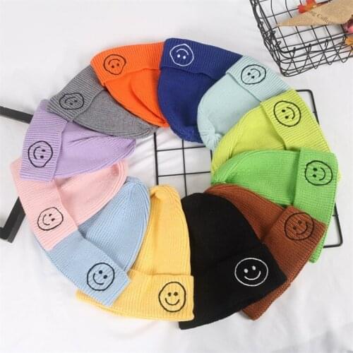 Knitted hat cute hats Candy color smiley face embroidery knit hat all-match fashion short sweater hat parent-child melon leather