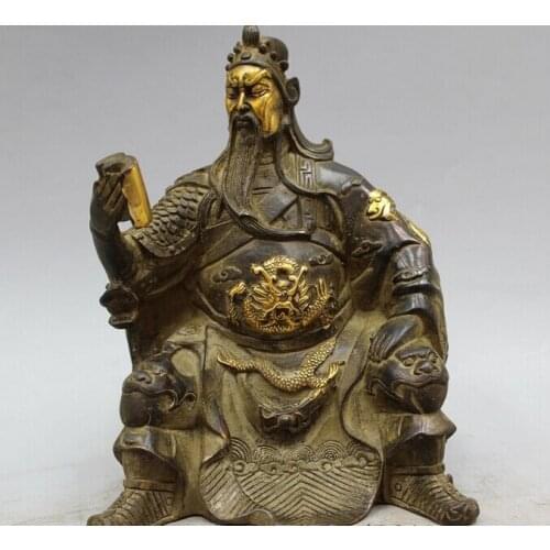Xd 002452 7" Chinese Bronze Gild Guan Gong Yu Warrior God Dragon knight Look Book Statue
