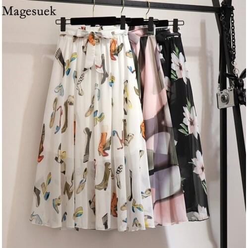 Autumn Floral Chiffon Woman Skirts Casual High Waist Womens Skirts A-Line Plus Size Long Skirts Womens 2021 Mujer Faldas 9830