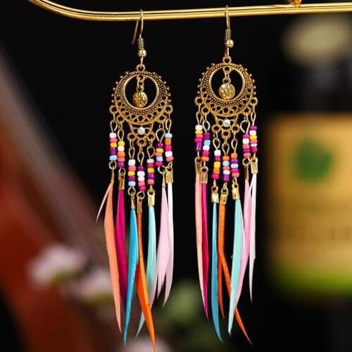 2021 new fashion retro hollow long feather earrings hot-selling colorful rice bead tassel earrings bohemian female
