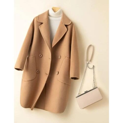 2021 Winter Coat Womens Pure Wool Solid Color Coat Double-Faced Outerwear Long Wool Jacket Section Cashmere Suit Collar Woolen