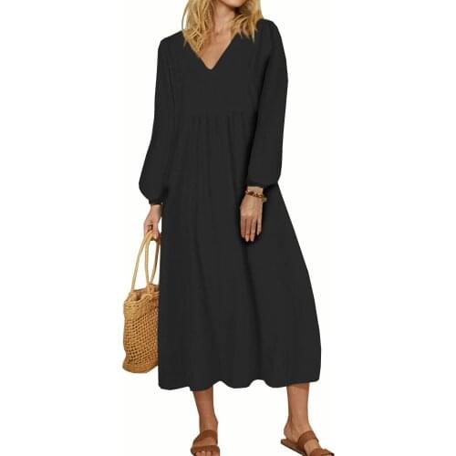 Ladies Autumn-Winter Dress Solid Black Casual Loose V-Neck Nine-Point Sleeve Cotton-linen T Shirt Maxi Sundress Vestido #40