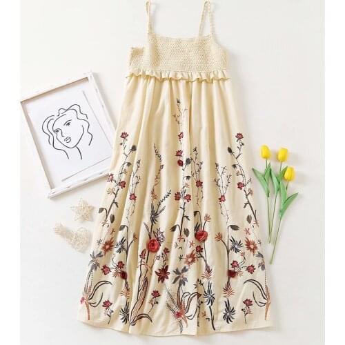 AYUALIN Boho Crochet 100% Cotton Floral embroidery Summer Dresses Vintage Sexy Sleeveless Strap Long Dresses Women Ethnic Robe