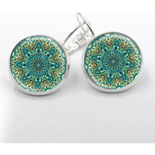1 Pair charm mandala earrings 16MM glass on earring silver color om symbol buddhism zen henna yoga earring jewelry for women