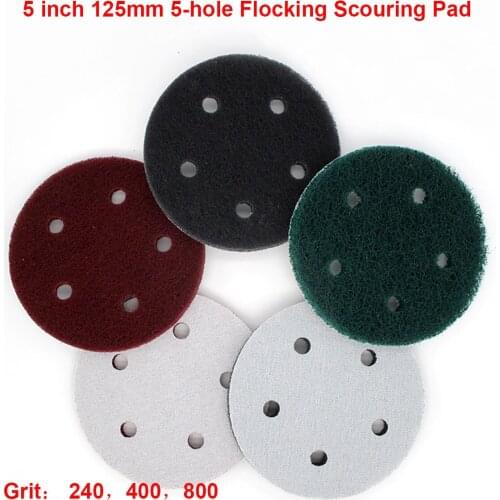 5Pcs 5" 125mm Flocking Scouring Pad 5-hole Round Nylon Fiber Abrasive Sanding Discs for Rust Removal Dusting Polishing Grinding