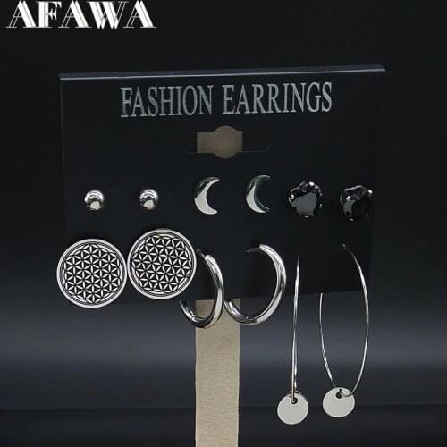 6 Pair 2021 Flower of Life Stainless Steel Earrings Set Women Silver Color Stud Earrings Set Jewelry aros mujer oreja E6128137