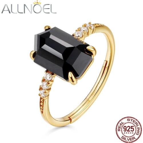ALLNOEL 925 Sterling Silver Ring For Women Natural Irregular Black Agate White Zircon Ring Gold-Plated Engagement Fine Jewelry