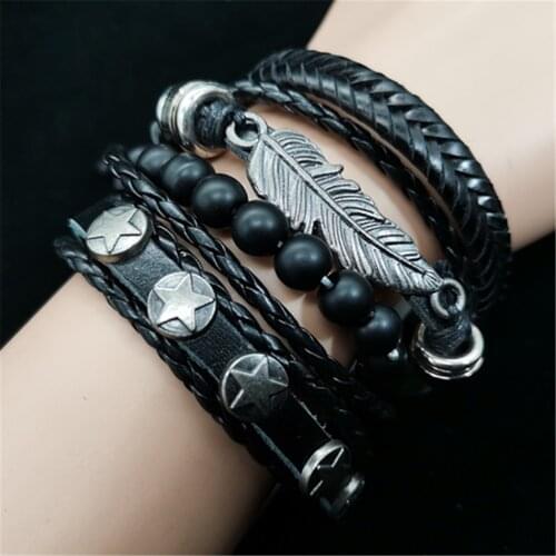 Feather Star Beacelets Music Note Black Beads Leather Bracelets Set Men Bracelets Women Homme Fashion Jewelry Accessories