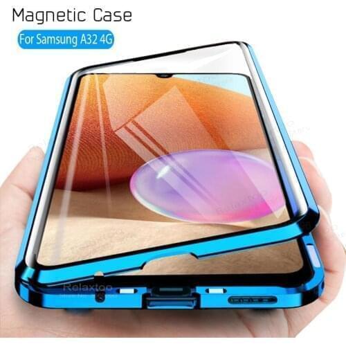 360° full magnetic adsorption flip case for samsung galaxy a32 4G a 32 32a 2021 sm-a325 double-side metal edge glass cover 6.4