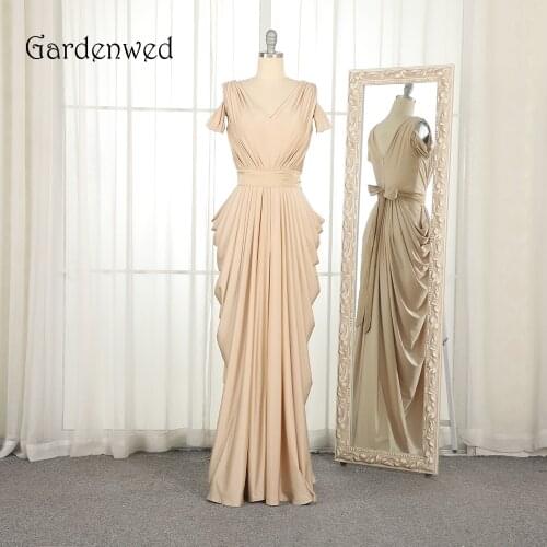 Gardenwed Champagne Evening Dress Elegant Elegant V Neck Pleated Long Woman Formal Gown Dresses Party