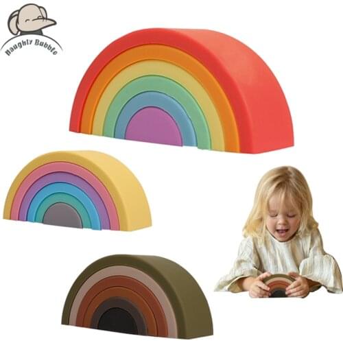Silicone Rainbow Stacker Puzzle Baby Stacking Toy Building Blocks Open Ended Montessori Nesting and Sensory Fidget Toy for KIds