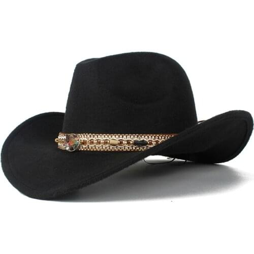 Women Men Wool Hollow Western Cowboy Hat Roll-up Brim Lady Outblack Sombrero Hombre Jazz Cap Size 56-58
