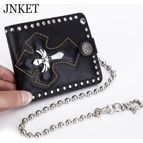 JNKET Crucifix Skull Punk Wallet PU Leather Metal Chain Clutch Wallet Card Holder Coins Purse Rivets Folded Billfold Notecase