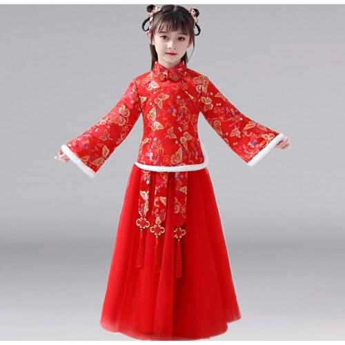 Autumn And Winter Girls' Red Hanfu Retro New Years Wear Birthday Wedding Party Clothing Evening Dress Stage Performance Costume