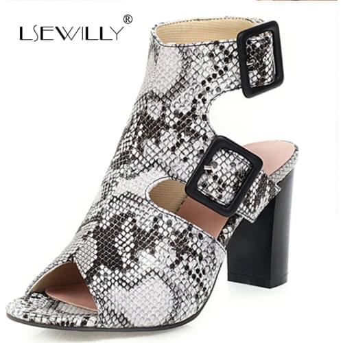 Lsewilly 2020 Snakeskin PU Leather Women Shoes Square Heel Fashion Buckle Ladies Sandals Peep Toe Summer Women Pumps Size 43