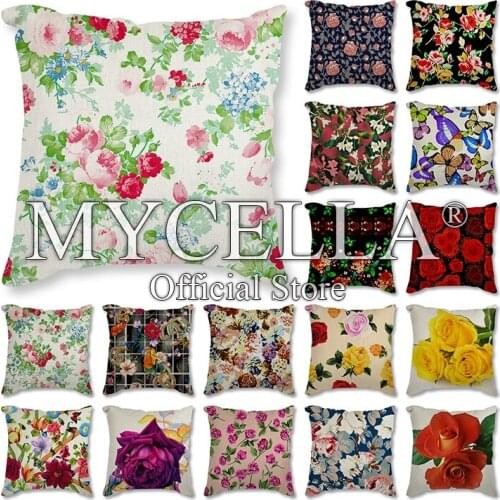 Rose butterfly Pillow Flowers Linen Cotton Square Cushion Cover For Sofa Printed Throw Pillowcase Home Decoration Cushion Covers