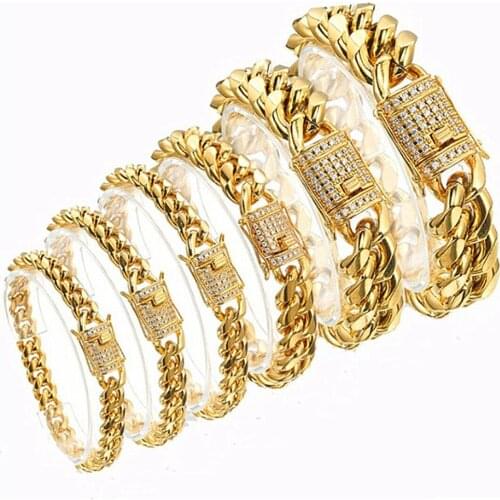 Hip Hop Mens Miami Curb Chain Heavy Bracelet Stainless steel jewelry for Mens Womens Gold Metal With Rhinestone Bracelet 7-12