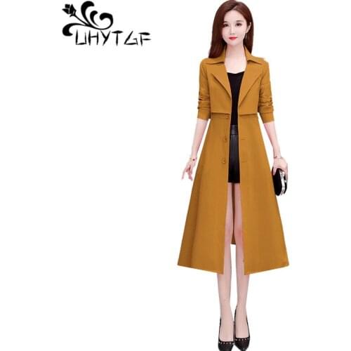 UHYTGF Womens Autumn Coat Mid-Length Casual Female Plus Size Windbreaker Solid Wild Temperament Ladies Thin Tops Outerwear 1723
