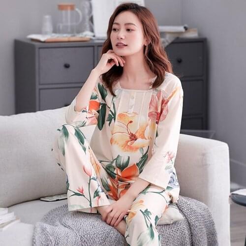 Spring Modal Pajamas Set Women Flower Pyjamas PJ Female Full Sleeve Sleepwear Ladies Nightwear Plus Size 3XL s For Women