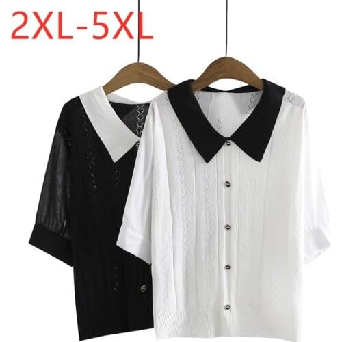 New 2021 Ladies Summer Plus Size Knit Tops For Women Large Pullover Blouse Short Sleeve White Hollow Out Shirt 2XL 3XL 4XL 5XL