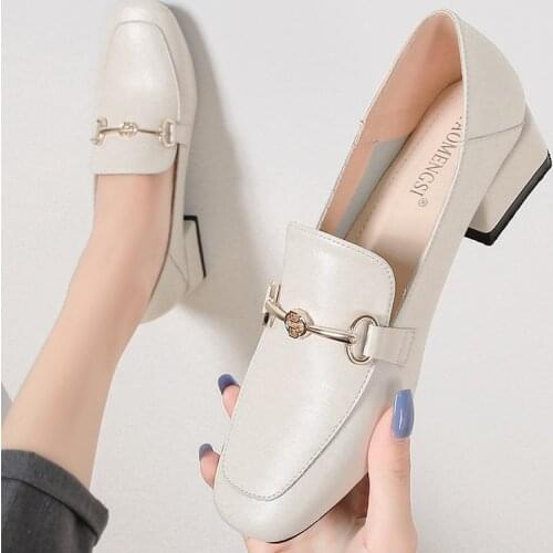 33-43 Women Leather Moccasins Shoes 2020 British Elegant Sexy Horsebit Black Beige Low Heel Square Toe Office Women Mules Heels