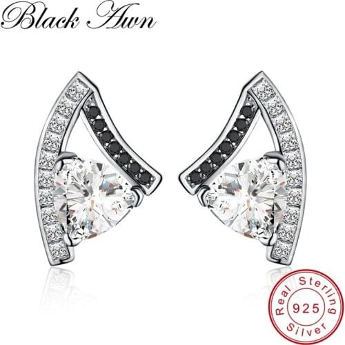 [BLACK AWN] Genuine 925 Sterling Silver Earrings Fine Jewelry Sector Black Spinel Engagement Stud Earrings for Women T183