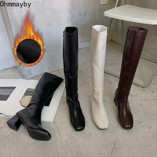 Women Long Boots Ladies Shoes Slip on Mid Calf Boots Platform Square Heel PU Leather Soft New Footwear Woman Fashion Autumn 2021