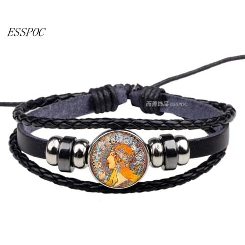 Zodiac Alphonse Mucha Art Black Bracelet Punk Button Woven Leather Bracelet for Women