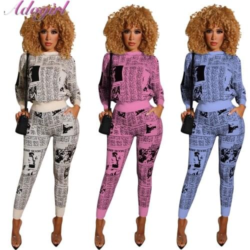 Autumn Women Two Piece Set Casual Newspapers Print Long Sleeve Crop T-Shirt Sweatshirt + Long Pants Suit outfit Sport Tracksuit