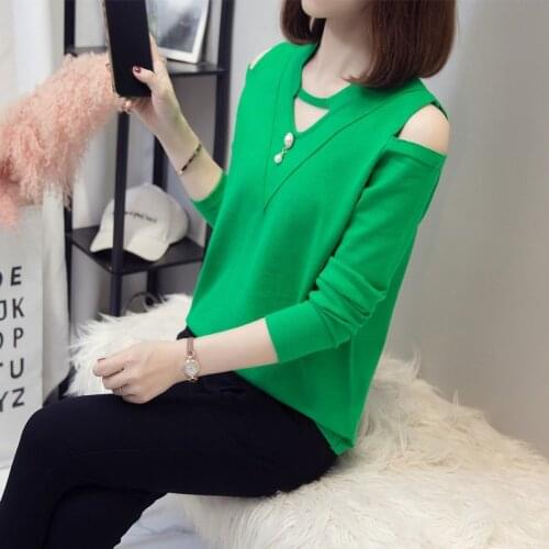 Off Shoulder Blouse Knitted Long Sleeve Loose Fashion Autumn 2021 New Plus Size Solid Womens Sweater Tide Pullover Tops L35