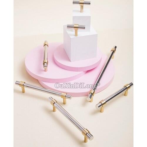 1PCS Nordic 304 Stainless Steel+Brass T bar Knob and Handle Cabinet/ Wardrobe Handle Drawer Pulls Longer Furniture Handle GF501