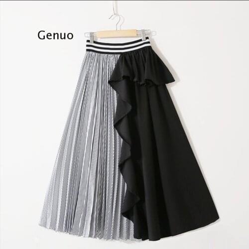 2021 New Autumn Fashion Women Clothes Thin Striped Elastic Ruffles Contrast Colors A-Line Halfbody Skirt