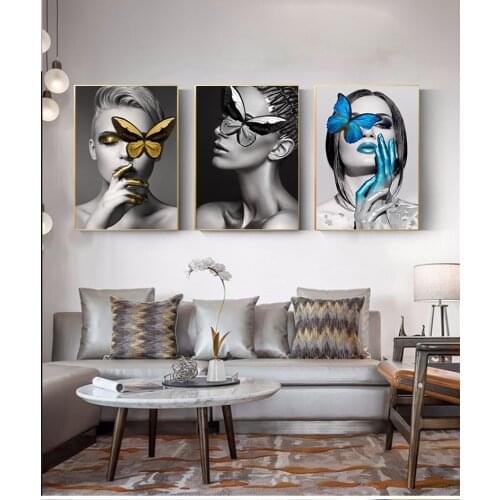 Abstract Fashion Gold Canvas Painting Butterfly Girl Poster Print Figure Wall Art for Living Room Modern Home Cuadros Decoration