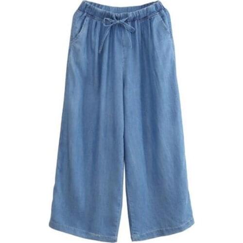 Wide Leg Pants 2020 Summer Mid Waist Boyfriend Jeans Woman Ankle-Length Straight Casual Loose Denim Pants Elastic Trousers Lady