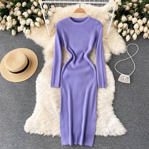 Croysier Long Sleeve O Neck Women Sweater Dress Woman Casual Pullover Solid Knitted Sheath Midi Autumn Winter Women Dresses