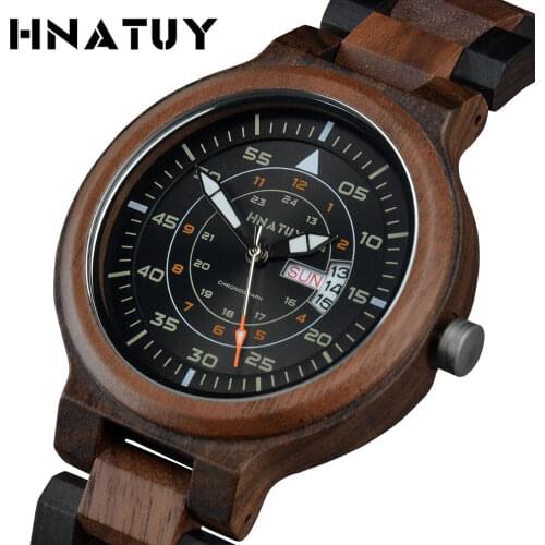 HNATUY Wooden Watches Men Luminous Hands Fashion Casual Solid Wood Strap Quartz Watch Husband Gift Relogio Masculino