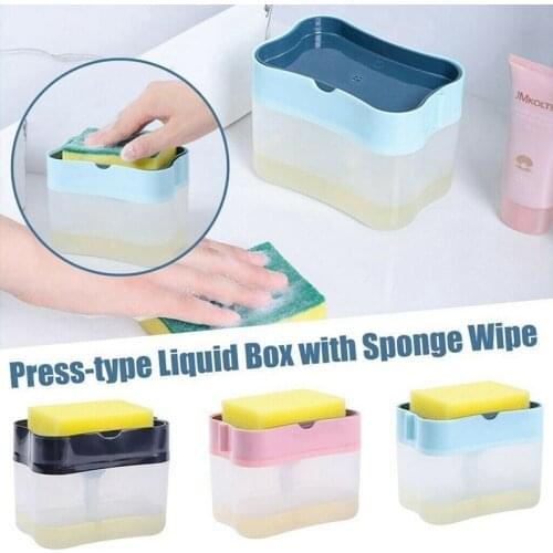 2 in 1 Scrubbing Liquid Detergent Dispenser Press-type Liquid Soap Box Pump Organizer with Sponge Kitchen Tool Bathroom Supplies