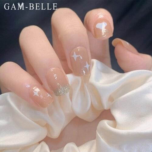 GAM-BELLE Silver Glitter Artificial Short Press On Nails Full Cover White Heart Star Pattern False Nails Manicure Decoration
