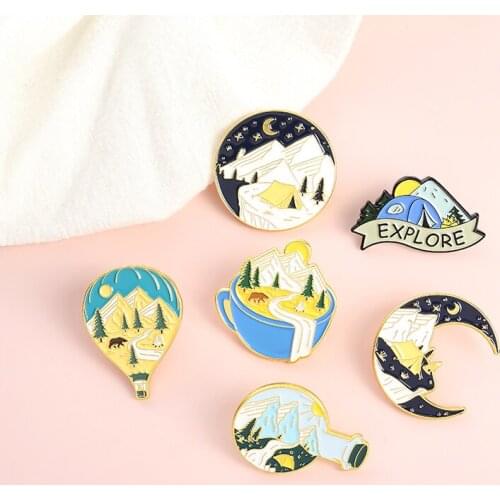 Creative Cartoon Outdoor Camping Badge Cute Hot Air Balloon Teacup Tent Moon Metal Enamel Brooch Lapel Backpack Jewelry Gift