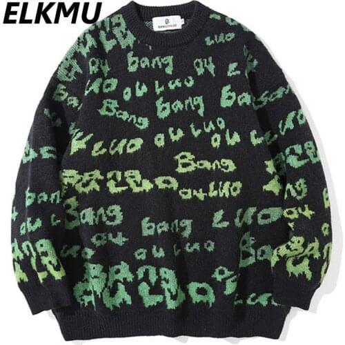 ELKMU Hip Hop Letter Knitted Sweaters Men Autumn Harajuku Oversize Knitwear Jumper Sweater Streetwear Male Tops Khaki HM458