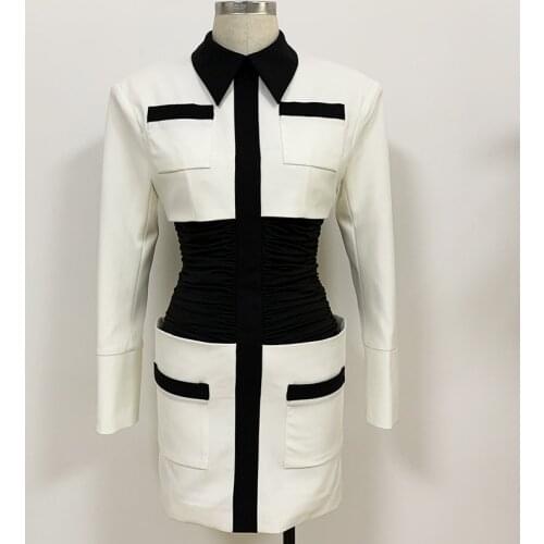 2021 new star wide shoulder black and white color matching shirt collar and waist hip dress