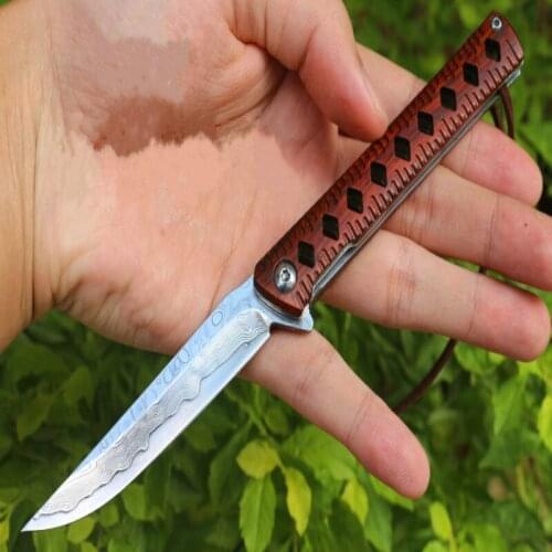 Red Sandalwood Damascus Quick Opening Bearing Folding Knife Outdoor Survivcal Hunting Camping Tactical EDC Tool Gift For Men