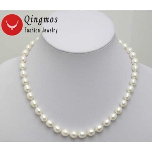Qingmos Natural Pearl Necklace for Women with Genuine 7-8mm Rice Freshwater White Pearl Chokers 17" Jewelry Necklace nec5024